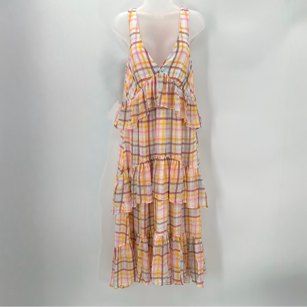 Cinq A Sept Dress Women’s 4 Plaid ASTOR Sleeveless Tiered Ruffle Tie Back-READ